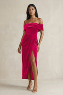 Off - the - Shoulder Sheath Velvet Midi Bridesmaid Dress in Fuchsia - KISS BRIDAL Bridesmaid Dresses