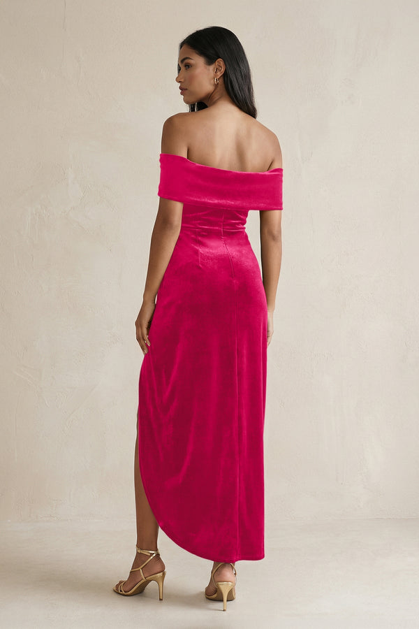 Off - the - Shoulder Sheath Velvet Midi Bridesmaid Dress in Fuchsia - KISS BRIDAL Bridesmaid Dresses