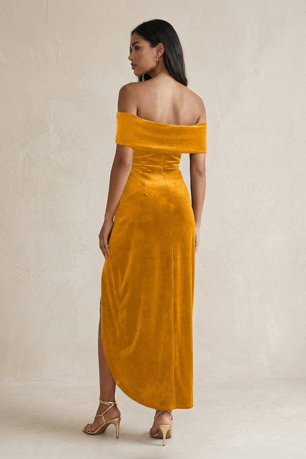 Off - the - Shoulder Sheath Velvet Midi Bridesmaid Dress in Gold - KISS BRIDAL Bridesmaid Dresses