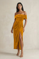 Off - the - Shoulder Sheath Velvet Midi Bridesmaid Dress in Gold - KISS BRIDAL Bridesmaid Dresses