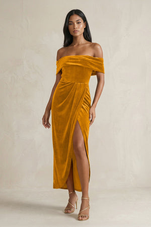 Off - the - Shoulder Sheath Velvet Midi Bridesmaid Dress in Gold - KISS BRIDAL Bridesmaid Dresses
