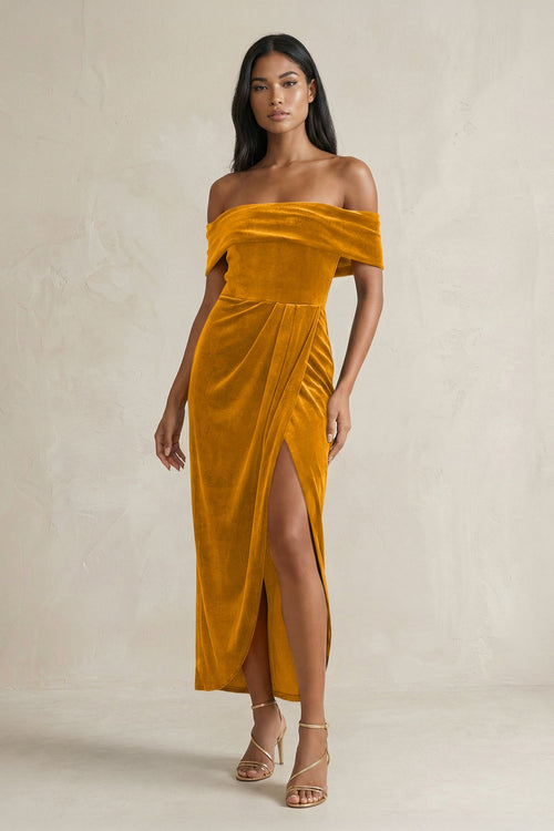 Off - the - Shoulder Sheath Velvet Midi Bridesmaid Dress in Gold - KISS BRIDAL Bridesmaid Dresses