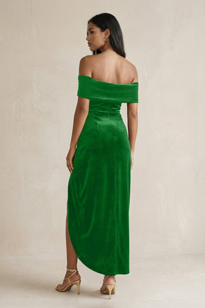 Off - the - Shoulder Sheath Velvet Midi Bridesmaid Dress in Green - KISS BRIDAL Bridesmaid Dresses