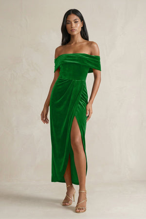 Off - the - Shoulder Sheath Velvet Midi Bridesmaid Dress in Green - KISS BRIDAL Bridesmaid Dresses