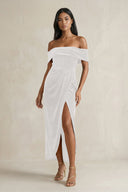 Off - the - Shoulder Sheath Velvet Midi Bridesmaid Dress in Ivory - KISS BRIDAL Bridesmaid Dresses