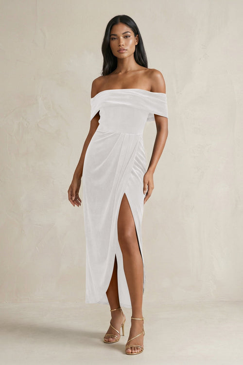 Off - the - Shoulder Sheath Velvet Midi Bridesmaid Dress in Ivory - KISS BRIDAL Bridesmaid Dresses