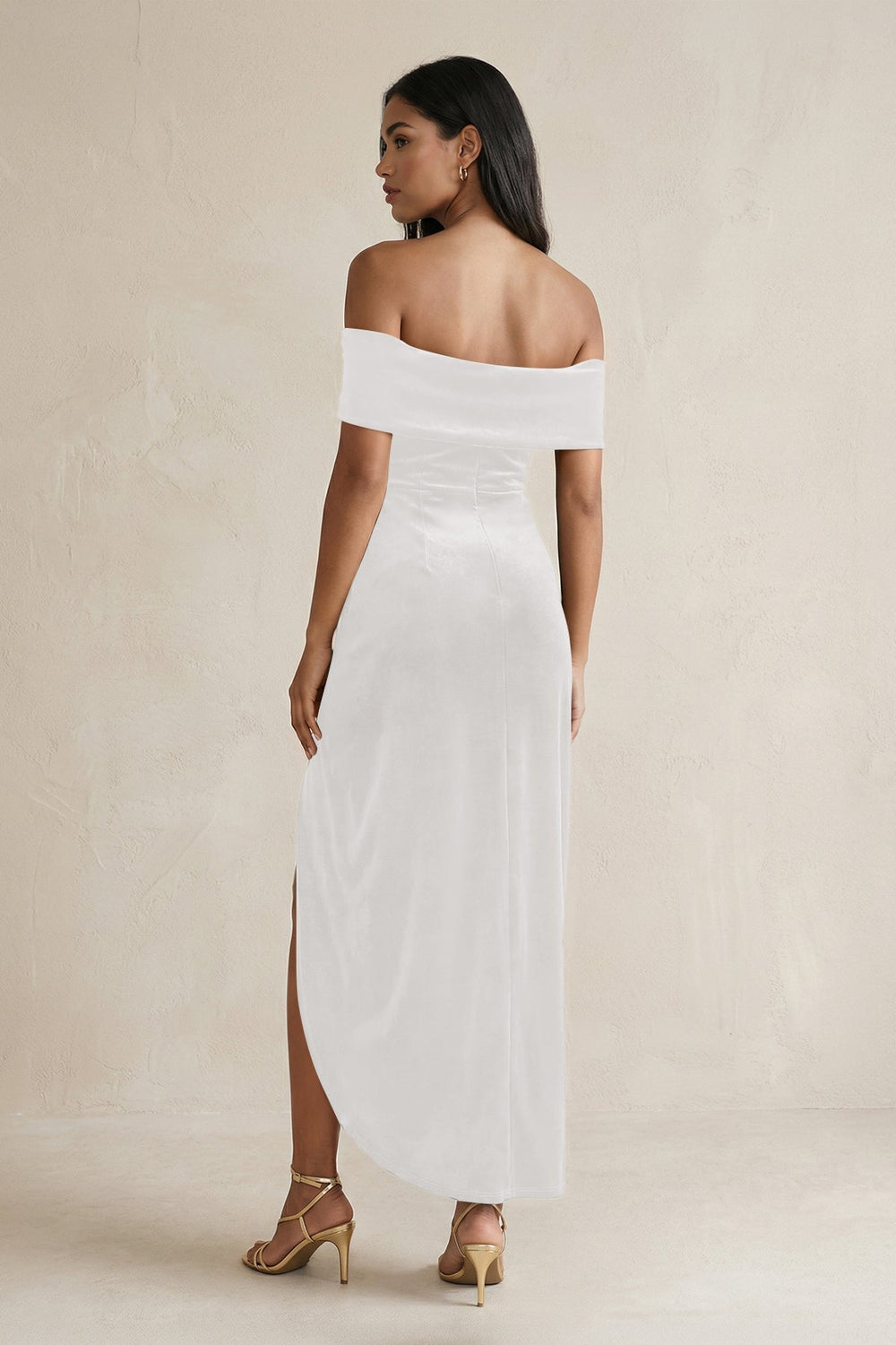 Off - the - Shoulder Sheath Velvet Midi Bridesmaid Dress in Ivory - KISS BRIDAL Bridesmaid Dresses