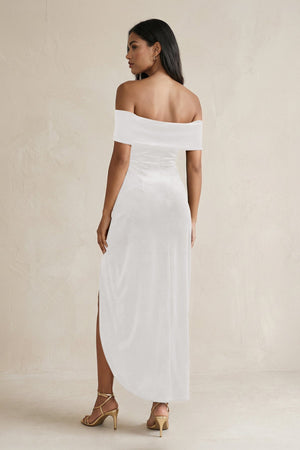 Off - the - Shoulder Sheath Velvet Midi Bridesmaid Dress in Ivory - KISS BRIDAL Bridesmaid Dresses
