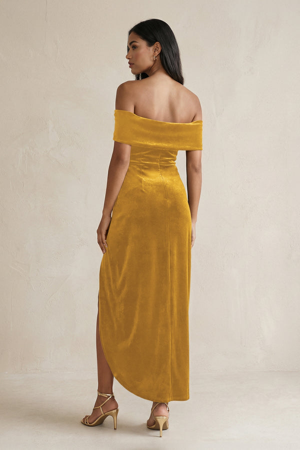Off - the - Shoulder Sheath Velvet Midi Bridesmaid Dress in Marigold - KISS BRIDAL Bridesmaid Dresses