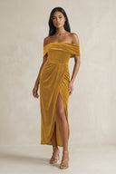 Off - the - Shoulder Sheath Velvet Midi Bridesmaid Dress in Marigold - KISS BRIDAL Bridesmaid Dresses
