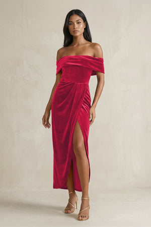 Off - the - Shoulder Sheath Velvet Midi Bridesmaid Dress in Merlot - KISS BRIDAL Bridesmaid Dresses