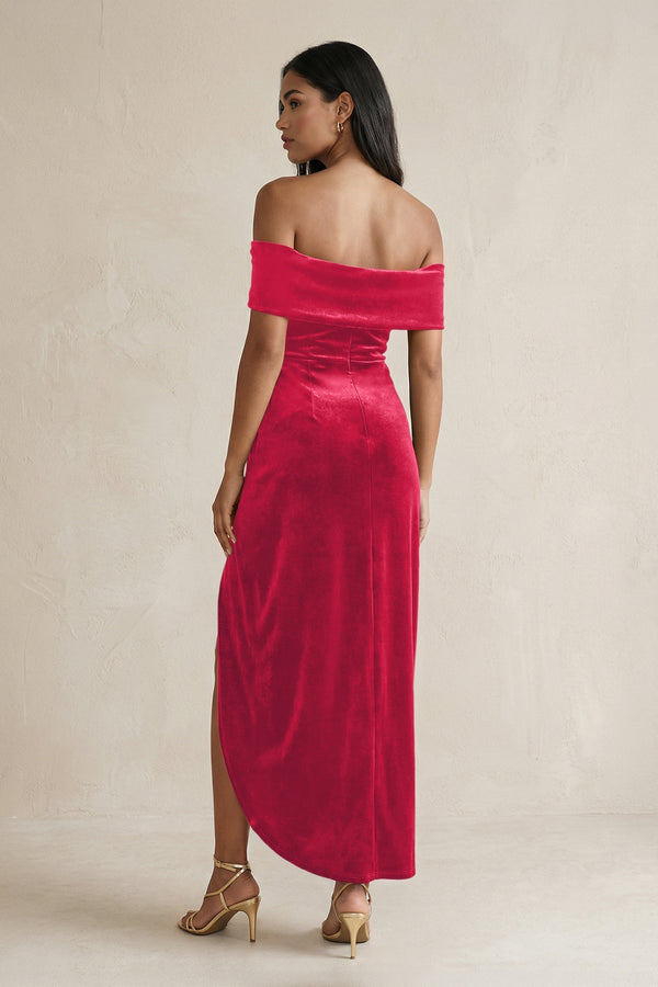 Off - the - Shoulder Sheath Velvet Midi Bridesmaid Dress in Merlot - KISS BRIDAL Bridesmaid Dresses