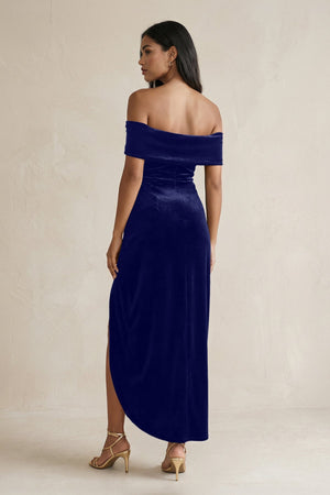 Off - the - Shoulder Sheath Velvet Midi Bridesmaid Dress in Navy - KISS BRIDAL Bridesmaid Dresses