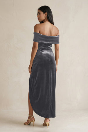 Off - the - Shoulder Sheath Velvet Midi Bridesmaid Dress in Neptune - KISS BRIDAL Bridesmaid Dresses