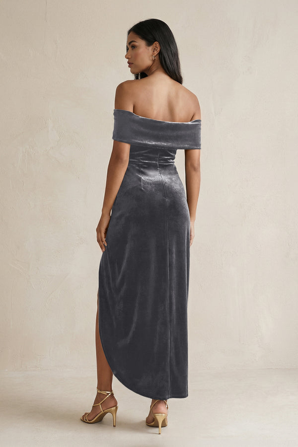 Off - the - Shoulder Sheath Velvet Midi Bridesmaid Dress in Neptune - KISS BRIDAL Bridesmaid Dresses