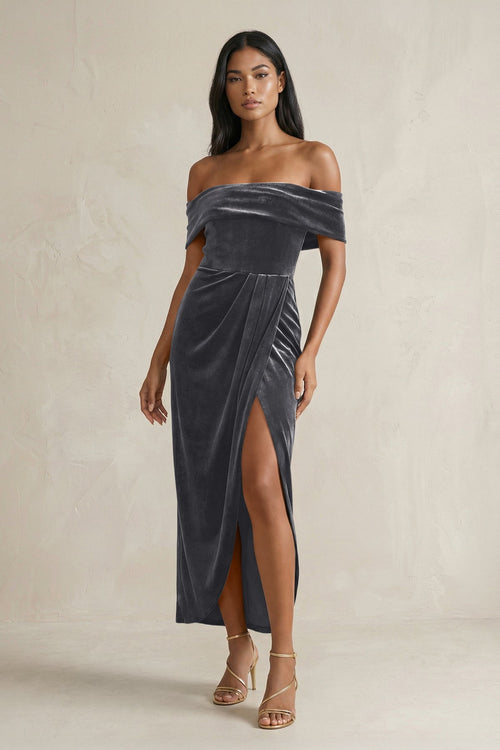 Off - the - Shoulder Sheath Velvet Midi Bridesmaid Dress in Neptune - KISS BRIDAL Bridesmaid Dresses