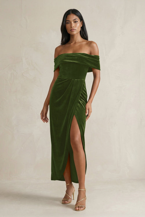 Off - the - Shoulder Sheath Velvet Midi Bridesmaid Dress in Olive - KISS BRIDAL Bridesmaid Dresses