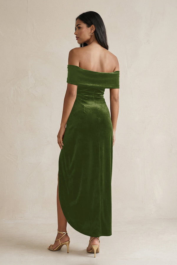 Off - the - Shoulder Sheath Velvet Midi Bridesmaid Dress in Olive - KISS BRIDAL Bridesmaid Dresses