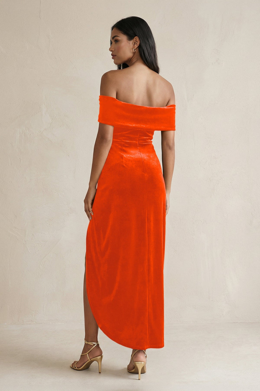 Off - the - Shoulder Sheath Velvet Midi Bridesmaid Dress in Orange - KISS BRIDAL Bridesmaid Dresses