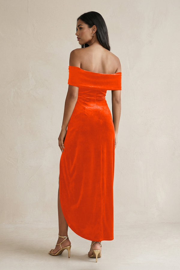 Off - the - Shoulder Sheath Velvet Midi Bridesmaid Dress in Orange - KISS BRIDAL Bridesmaid Dresses