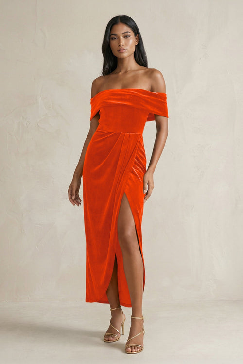 Off - the - Shoulder Sheath Velvet Midi Bridesmaid Dress in Orange - KISS BRIDAL Bridesmaid Dresses