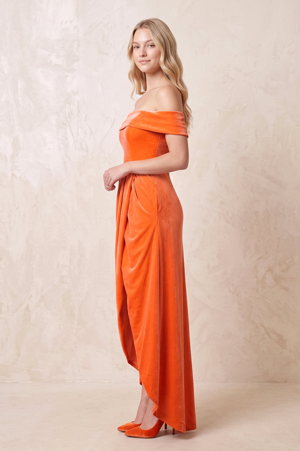 Off the Shoulder Sheath Velvet Midi Bridesmaid Dress in Orange - KISS BRIDAL Bridesmaid Dresses