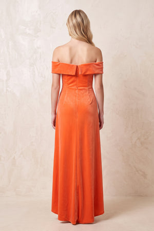 Off the Shoulder Sheath Velvet Midi Bridesmaid Dress in Orange - KISS BRIDAL Bridesmaid Dresses
