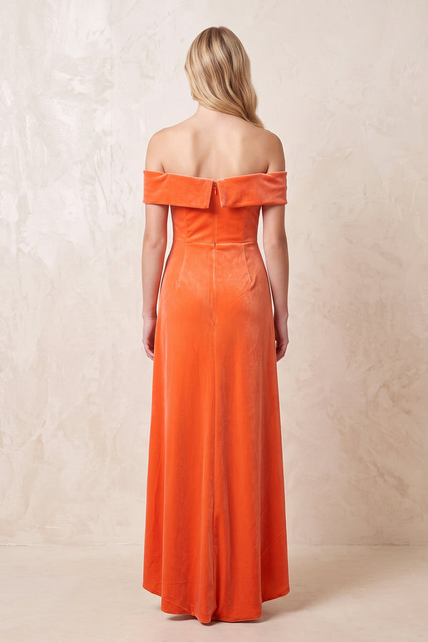 Off the Shoulder Sheath Velvet Midi Bridesmaid Dress in Orange - KISS BRIDAL Bridesmaid Dresses