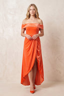 Off the Shoulder Sheath Velvet Midi Bridesmaid Dress in Orange - KISS BRIDAL Bridesmaid Dresses