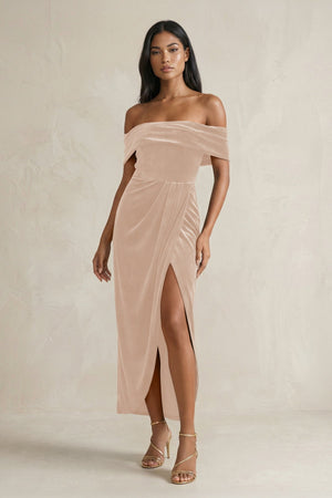 Off - the - Shoulder Sheath Velvet Midi Bridesmaid Dress in Pale Blush - KISS BRIDAL Bridesmaid Dresses