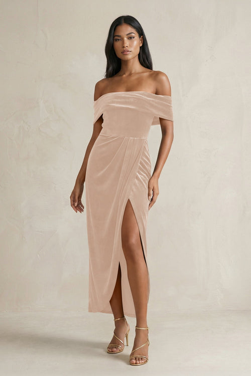 Off - the - Shoulder Sheath Velvet Midi Bridesmaid Dress in Pale Blush - KISS BRIDAL Bridesmaid Dresses