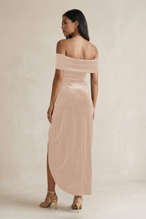 Off - the - Shoulder Sheath Velvet Midi Bridesmaid Dress in Pale Blush - KISS BRIDAL Bridesmaid Dresses