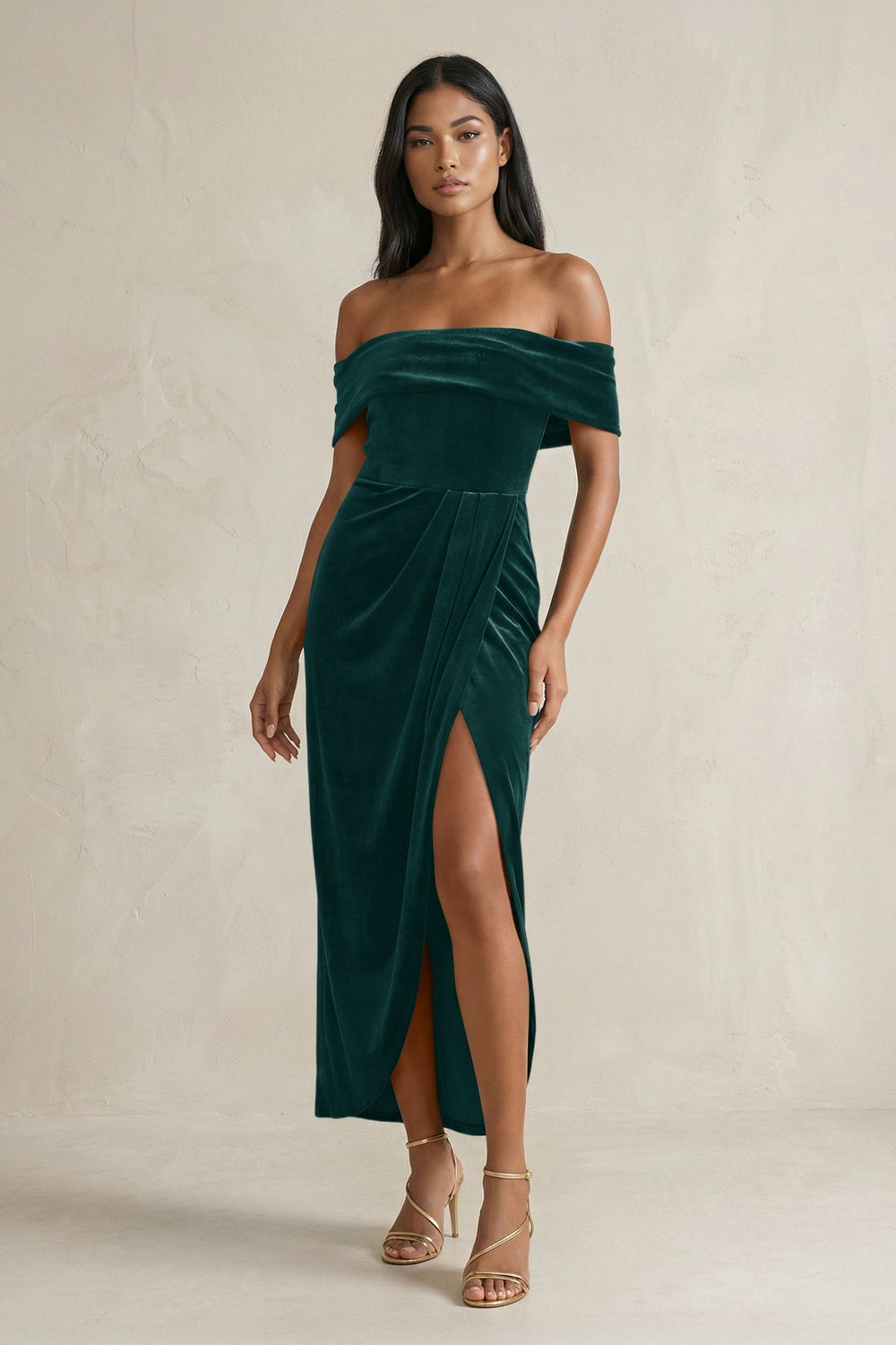 Off - the - Shoulder Sheath Velvet Midi Bridesmaid Dress in Pine - KISS BRIDAL Bridesmaid Dresses
