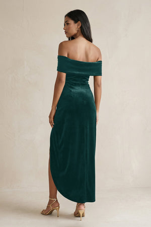 Off - the - Shoulder Sheath Velvet Midi Bridesmaid Dress in Pine - KISS BRIDAL Bridesmaid Dresses