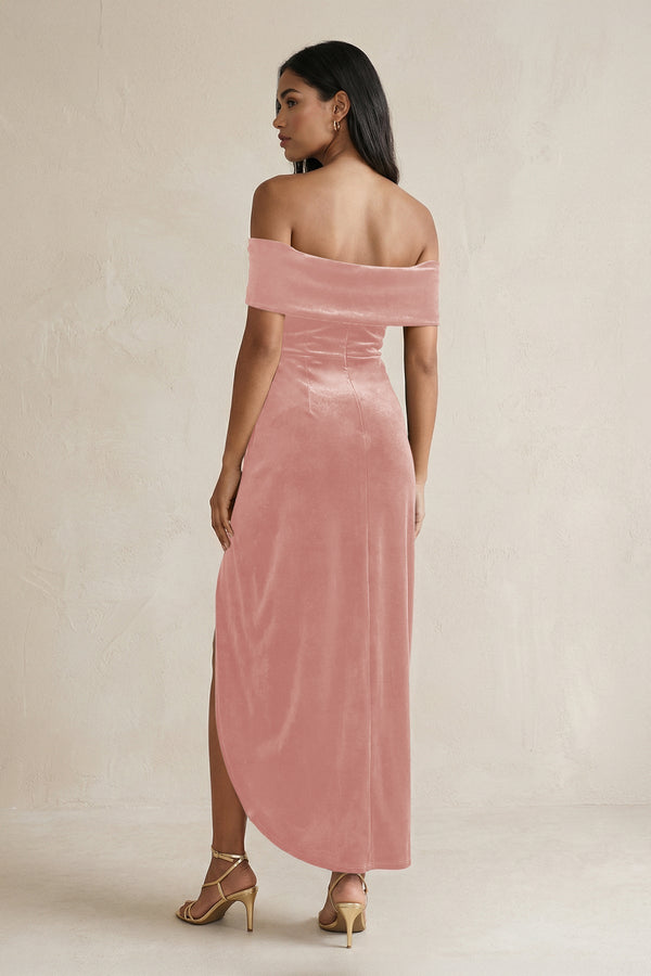 Off - the - Shoulder Sheath Velvet Midi Bridesmaid Dress in Rose Petal - KISS BRIDAL Bridesmaid Dresses