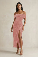 Off - the - Shoulder Sheath Velvet Midi Bridesmaid Dress in Rose Petal - KISS BRIDAL Bridesmaid Dresses