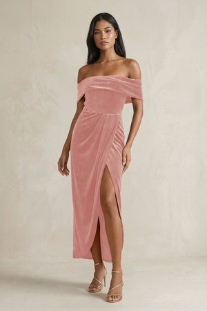 Off - the - Shoulder Sheath Velvet Midi Bridesmaid Dress in Rose Petal - KISS BRIDAL Bridesmaid Dresses