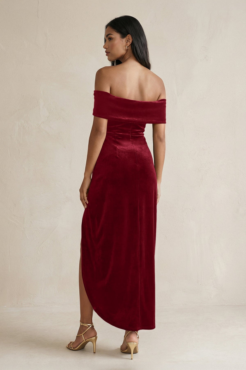 Off - the - Shoulder Sheath Velvet Midi Bridesmaid Dress in Rosewood - KISS BRIDAL Bridesmaid Dresses
