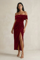 Off - the - Shoulder Sheath Velvet Midi Bridesmaid Dress in Rosewood - KISS BRIDAL Bridesmaid Dresses