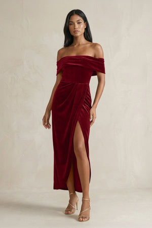 Off - the - Shoulder Sheath Velvet Midi Bridesmaid Dress in Rosewood - KISS BRIDAL Bridesmaid Dresses