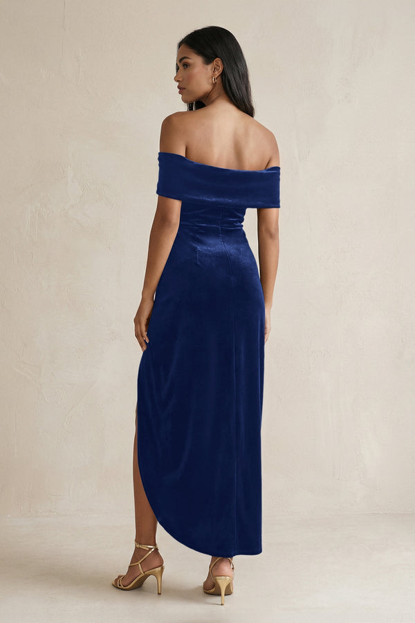 Off - the - Shoulder Sheath Velvet Midi Bridesmaid Dress in Royal Blue - KISS BRIDAL Bridesmaid Dresses