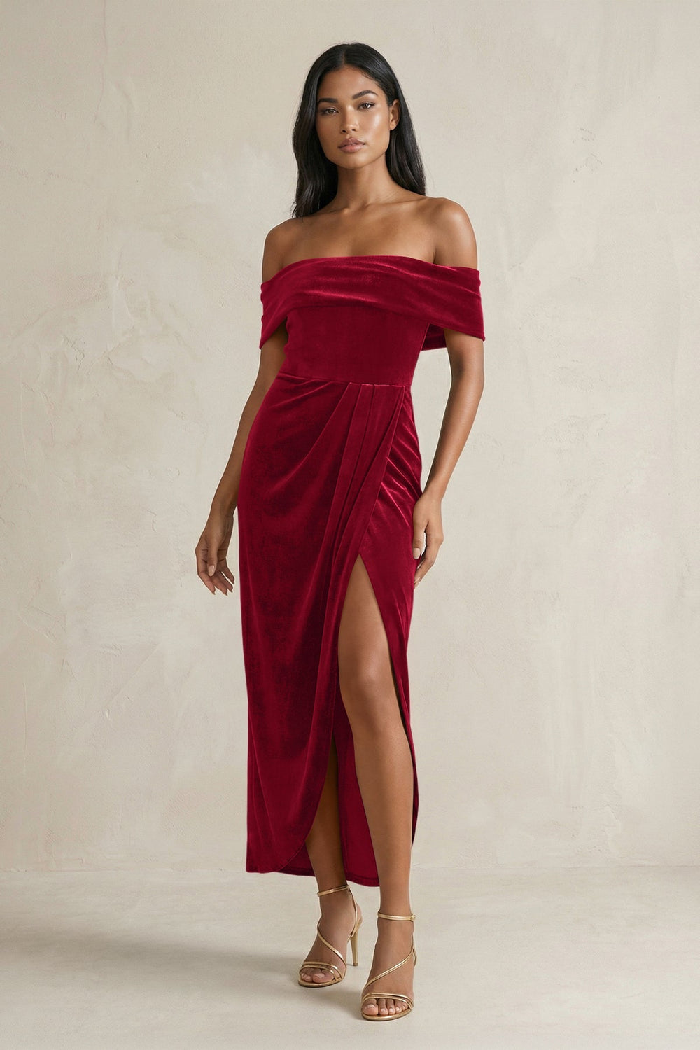 Off - the - Shoulder Sheath Velvet Midi Bridesmaid Dress in Ruby Red - KISS BRIDAL Bridesmaid Dresses