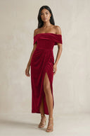 Off - the - Shoulder Sheath Velvet Midi Bridesmaid Dress in Ruby Red - SHE IS ME Bridesmaid Dresses