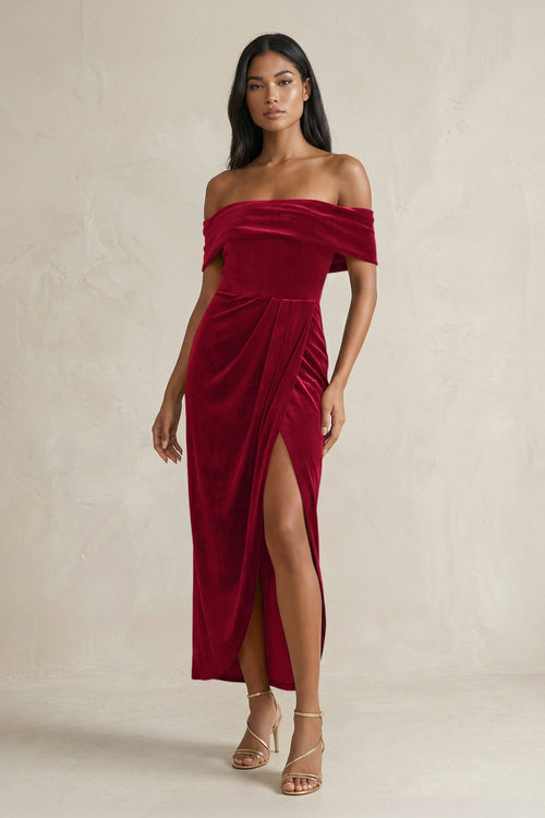 Off - the - Shoulder Sheath Velvet Midi Bridesmaid Dress in Ruby Red - SHE IS ME Bridesmaid Dresses