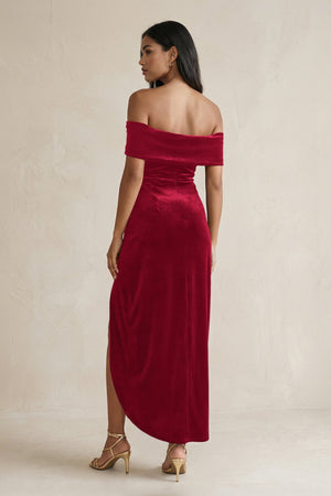 Off - the - Shoulder Sheath Velvet Midi Bridesmaid Dress in Ruby Red - SHE IS ME Bridesmaid Dresses