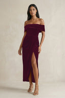 Off - the - Shoulder Sheath Velvet Midi Bridesmaid Dress in Sangria - KISS BRIDAL Bridesmaid Dresses