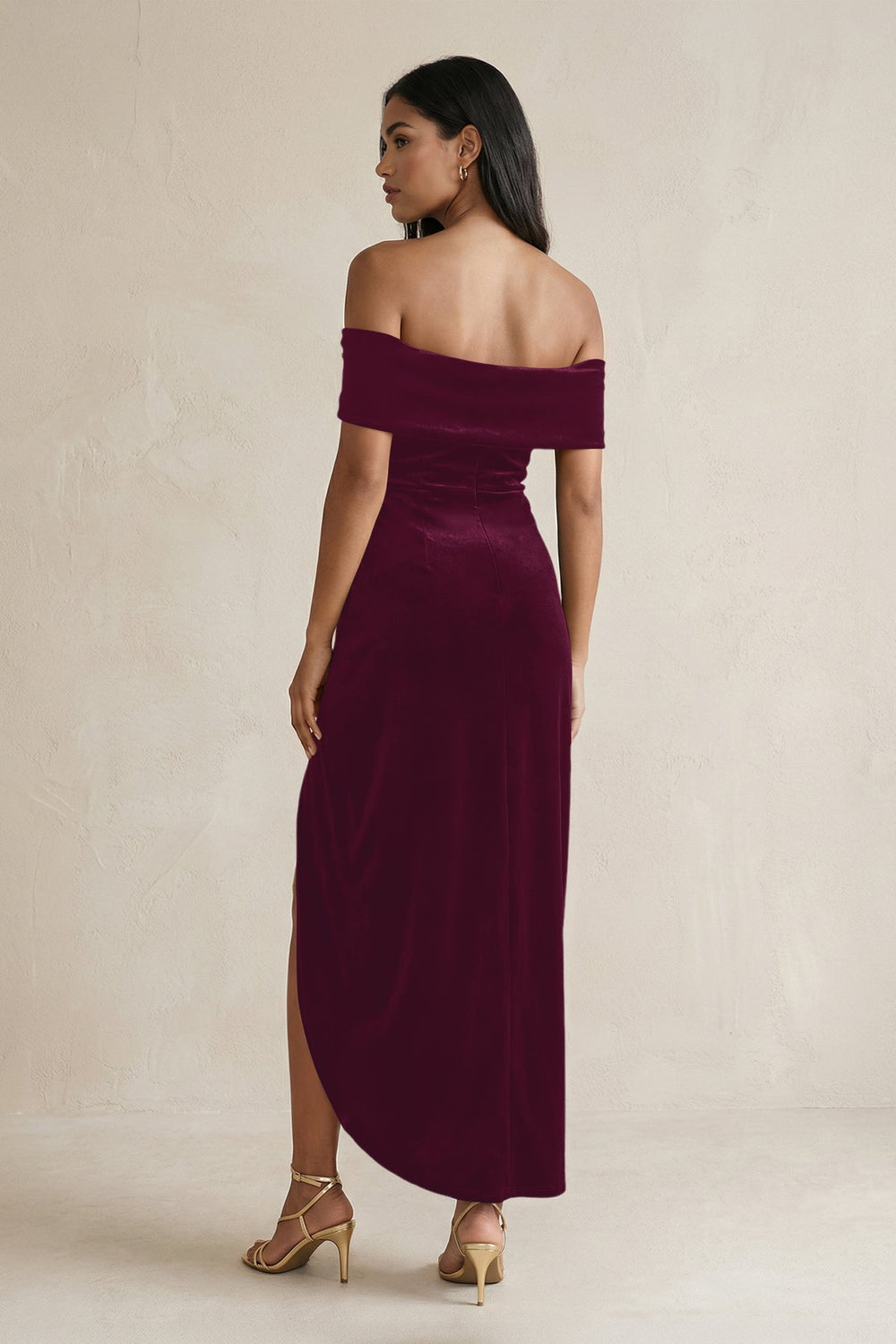 Off - the - Shoulder Sheath Velvet Midi Bridesmaid Dress in Sangria - KISS BRIDAL Bridesmaid Dresses