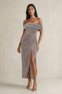 Off - the - Shoulder Sheath Velvet Midi Bridesmaid Dress in Silver - KISS BRIDAL Bridesmaid Dresses