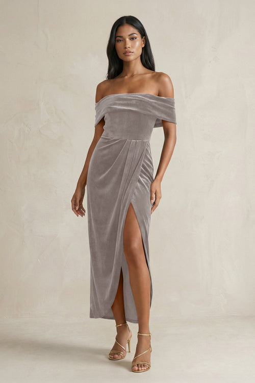 Off - the - Shoulder Sheath Velvet Midi Bridesmaid Dress in Silver - KISS BRIDAL Bridesmaid Dresses
