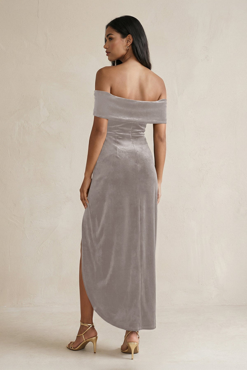 Off - the - Shoulder Sheath Velvet Midi Bridesmaid Dress in Silver - KISS BRIDAL Bridesmaid Dresses